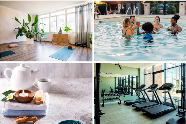 Real, usable residential amenities including a gym, pool, yoga room, and spa setup at a modern apartment project.