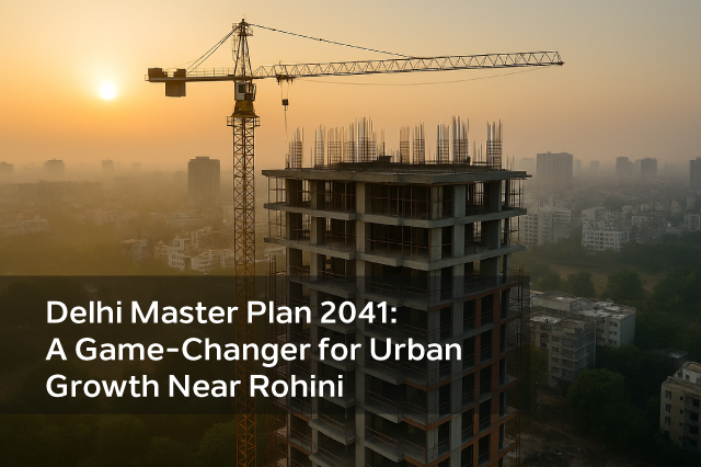 Under-construction high-rise building at sunrise with crane in Delhi skyline