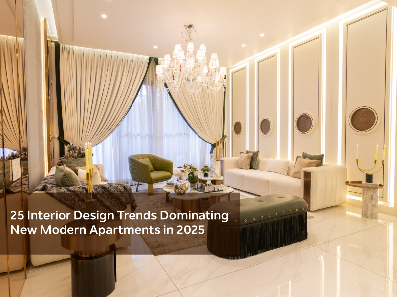 Luxury living room showcasing 2025 interior design trends in new modern apartments with elegant chandelier, modern furniture, and soft lighting.