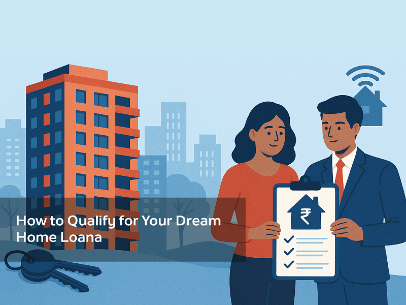 Illustration of a couple reviewing home loan eligibility checklist in front of a modern apartment building with cityscape background.