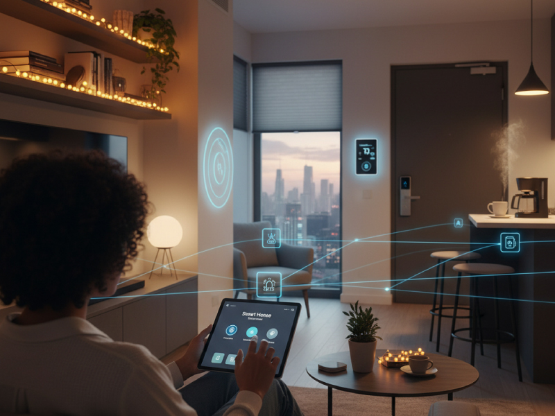 Person using a tablet to control smart home devices like lights, thermostat, and coffee maker in a modern apartment.