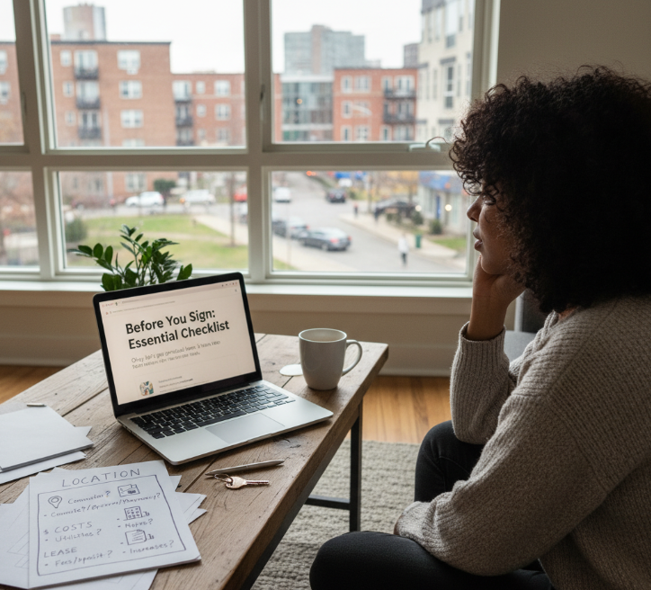 Woman contemplating an apartment checklist on her laptop with handwritten notes, looking out a window.